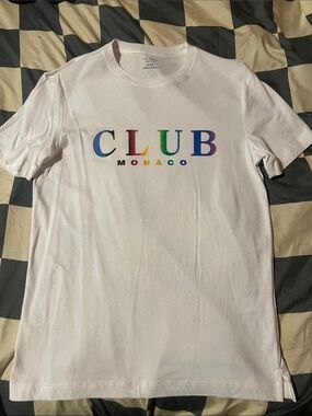 Club Monaco White Tee with Rainbow CLUB Logo